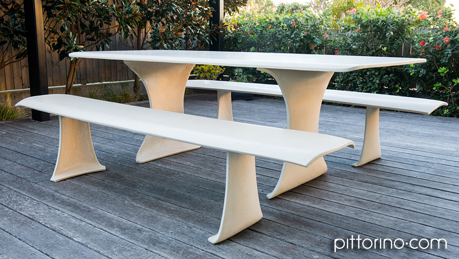 glass fibre reinforced concrete sculpted outdoor dining table and bench seats, Sydney Eastern Suburbs, Australia